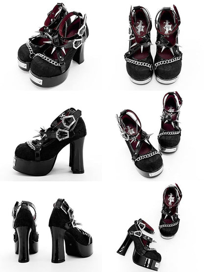 Gothic Black Round Toe 11.5CM High Heels with Spikes & Coffin Buckles - Transfer Student