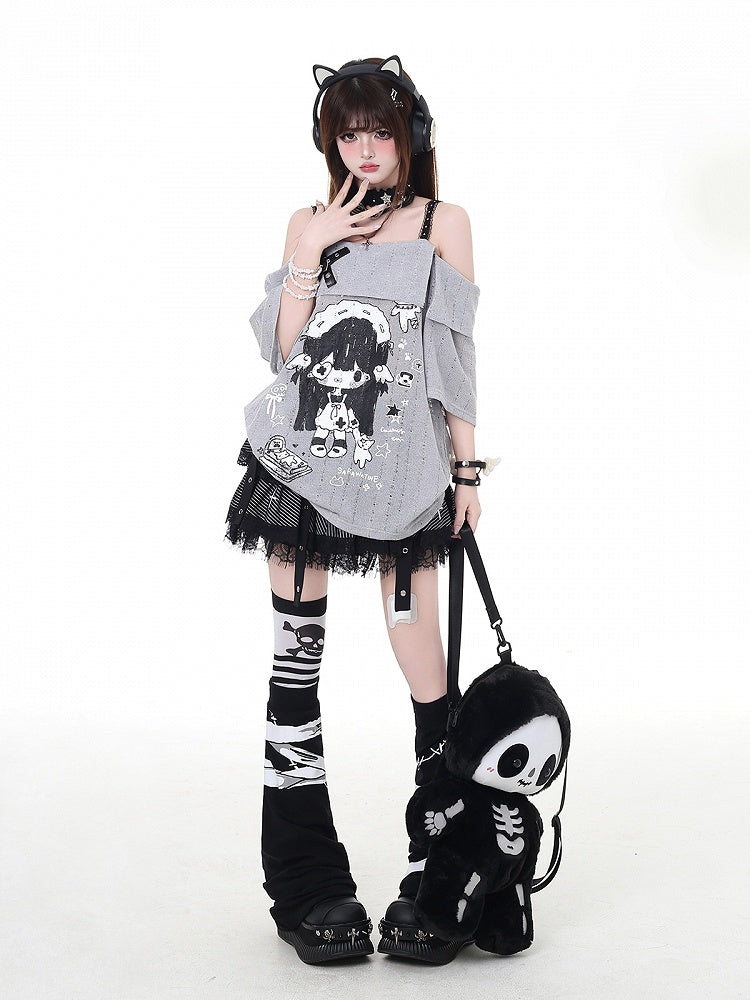 ネックライン ガールプリント Tシャツ カートゥーン グレー/ホワイト オフショルダー クロスデザイン