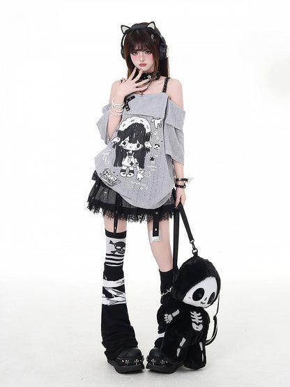 ネックライン ガールプリント Tシャツ カートゥーン グレー/ホワイト オフショルダー クロスデザイン