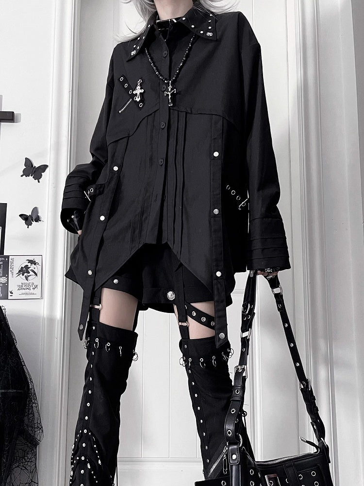 with Black Hem Back Long-Sleeve Punk Shirt Cross Print Asymmetrical