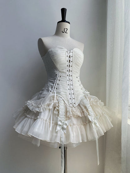 Hem Ruffle Skirt Gothic White Lolita Drawstring