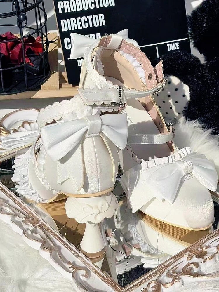 Sophisticated Pumps Bow - Heel with White Details Accents Design Lolita Shaped Ruffle Uniquely