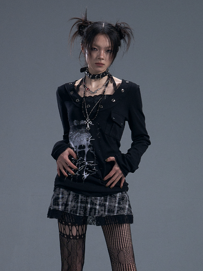 Graffiti with Halter V-Neck Knit Lace Buttons Mesh Punk Top Black