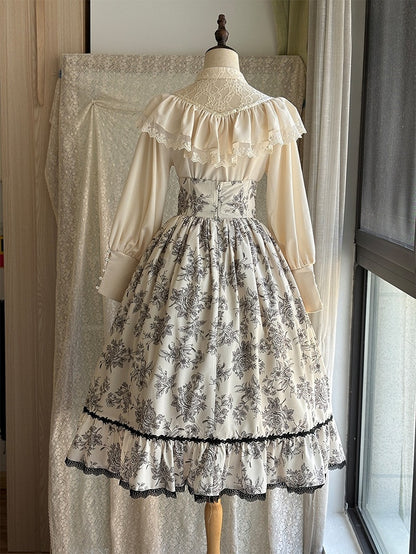 Lace Rosette Print Black Lolita Elegant Waist High with Trim Beige Boned Classic Skirt