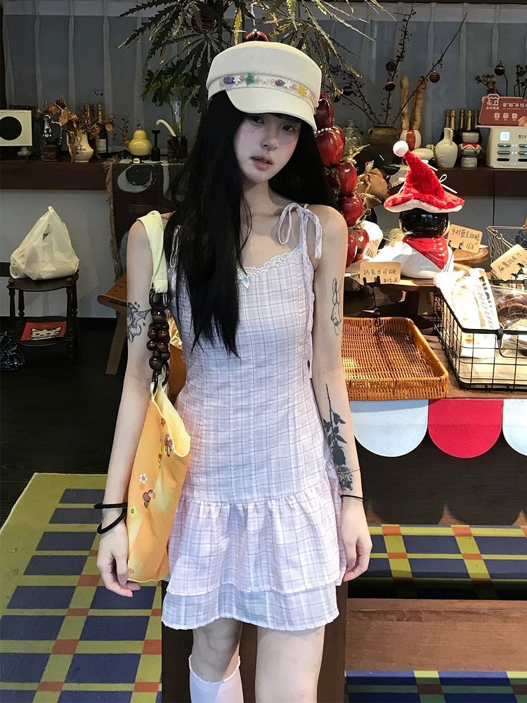 Summer Pink Plaid Cami Dress with Ruffle Details - 11shop97