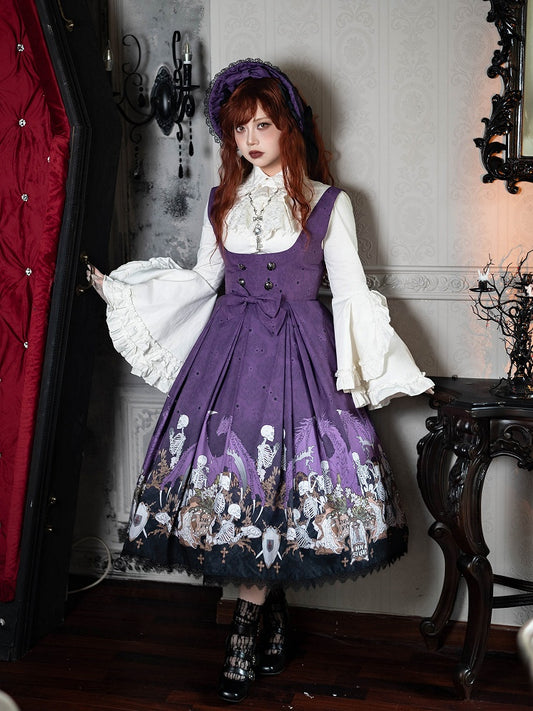 Purple Skeleton Cross Print Under Bust Gothic Lolita Dress with Black Lace Trim - NnSTAR