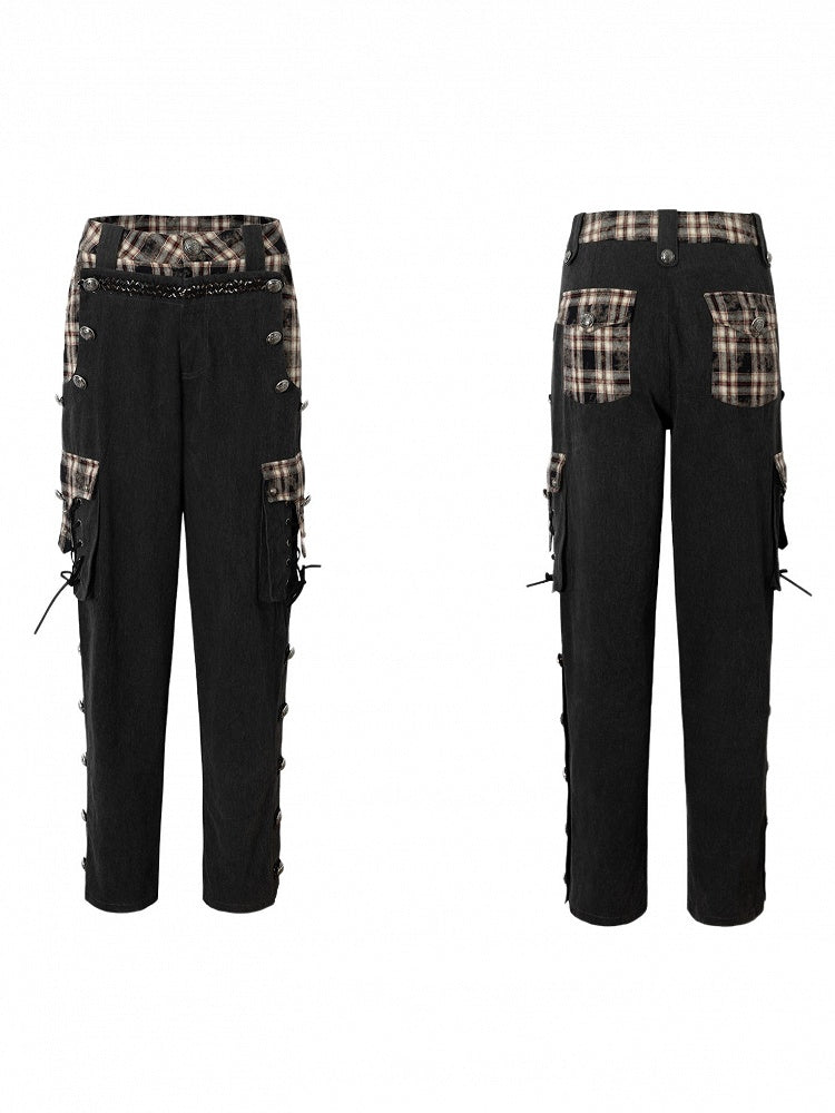 Black Plaid Punk Buttons with Metal Pants Vintage Cargo Patchwork