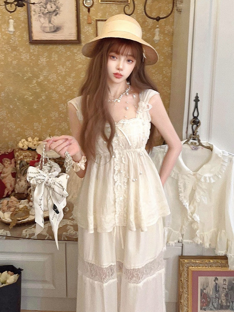 Top With Bows Satin Trim Lace Cami Apricot