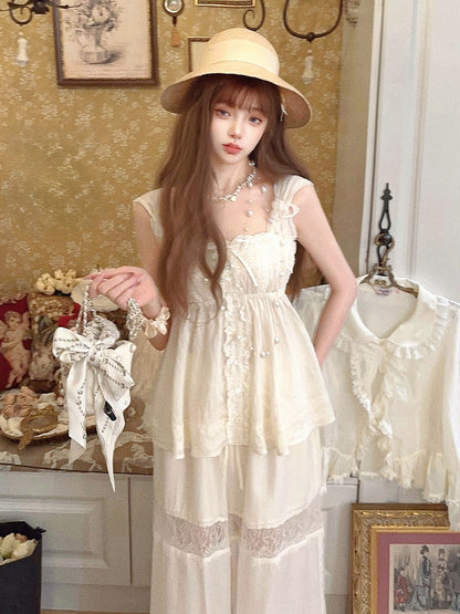 Top With Bows Satin Trim Lace Cami Apricot