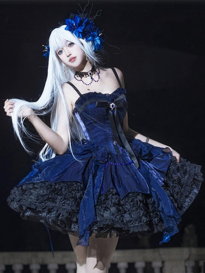 Dress Boned Bouquet Strapless Hem Black Gothic Rose Lolita with Blue