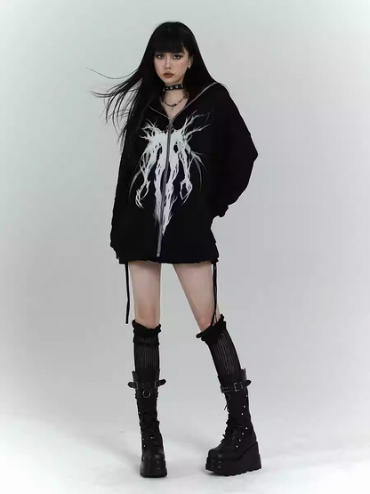 Gothic Schwarzer Kapuzenpullover mit Reißverschluss und lockerer Grafik