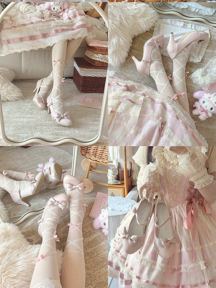 PU Pink Elegant Lolita Mary Janes - Mid-heel Design with Bow Accent & Heart Snap Closure