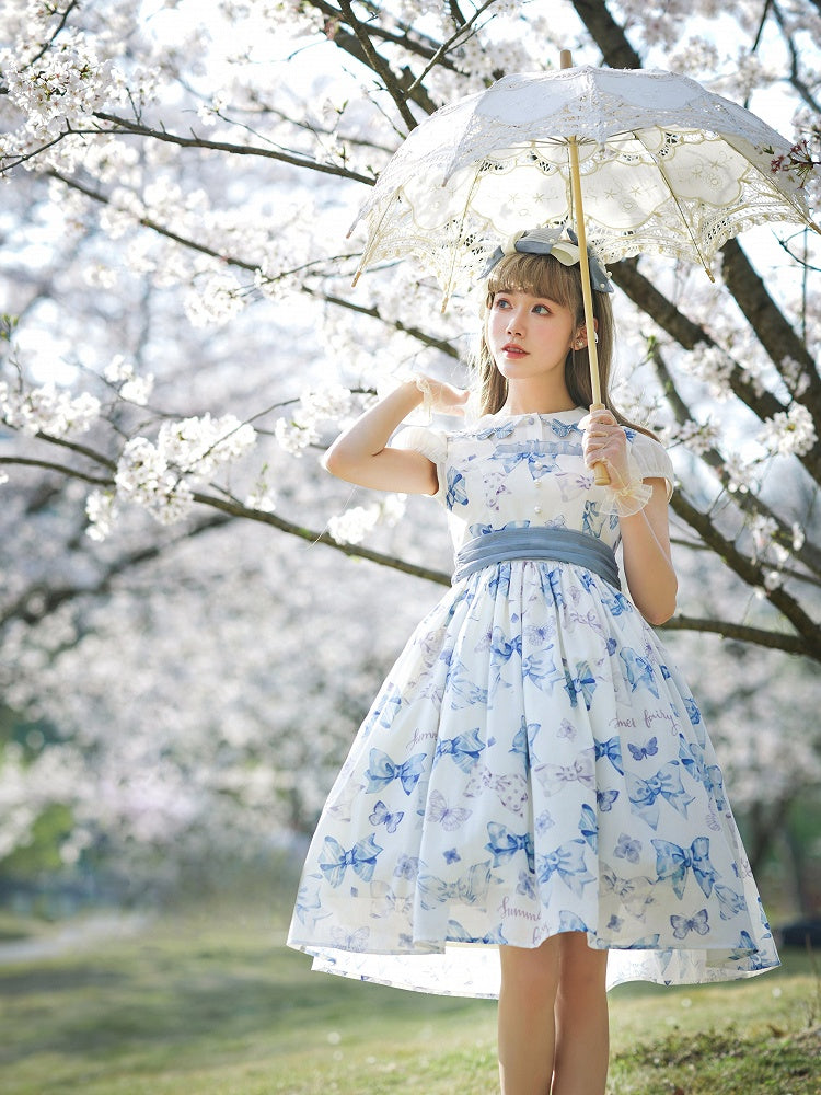 Sweet Bowknots Print Blue High Waist Retao Lolita Dress