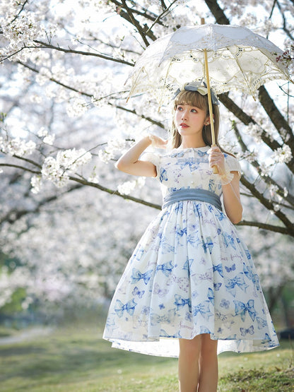 Sweet Bowknots Print Blue High Waist Retao Lolita Dress