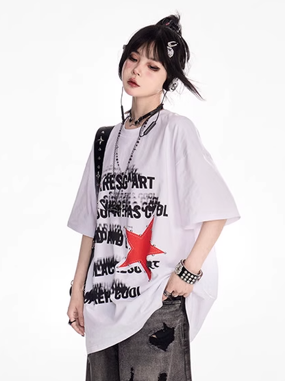 Loses T-Shirt Weiß Rundhals Stern Print Vintage