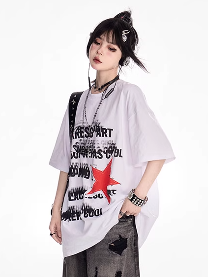 Loses T-Shirt Weiß Rundhals Stern Print Vintage