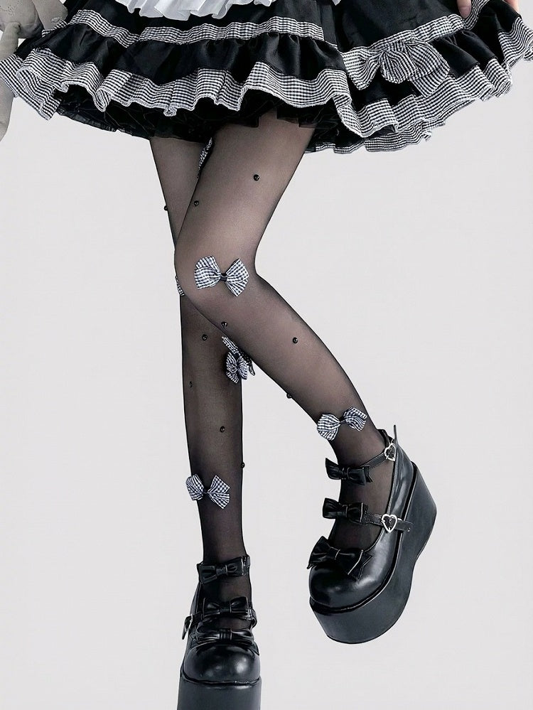 Sheer Pantyhose in Black or White Featuring 3D Bow Accents - Milkcat Studio
