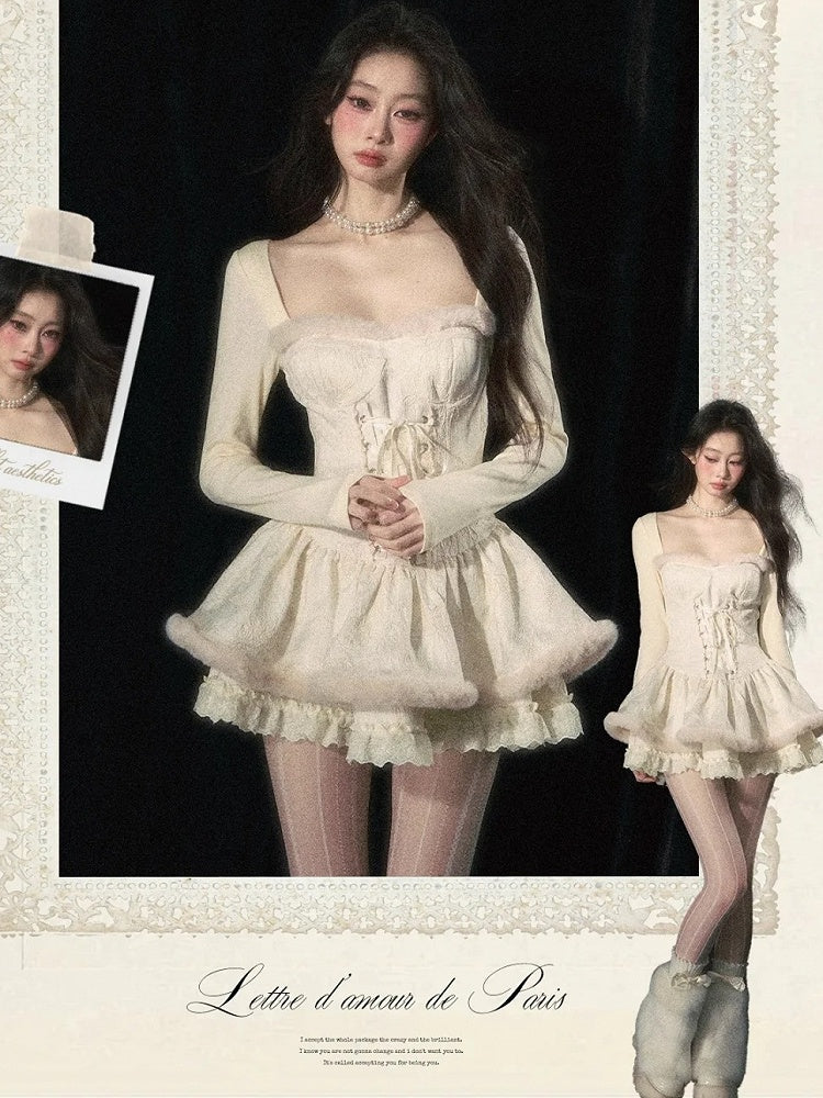 アプリコットのレースアップティアードスカートロングスリーブドレス