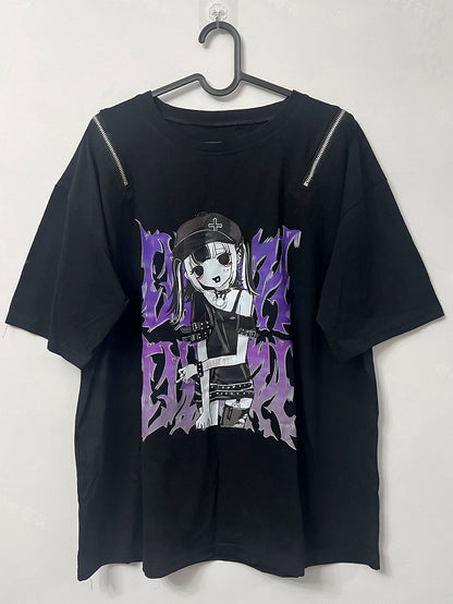 T-Shirt Kei Schwarzer Hals Runder Cartoon Mädchendruck Jirai