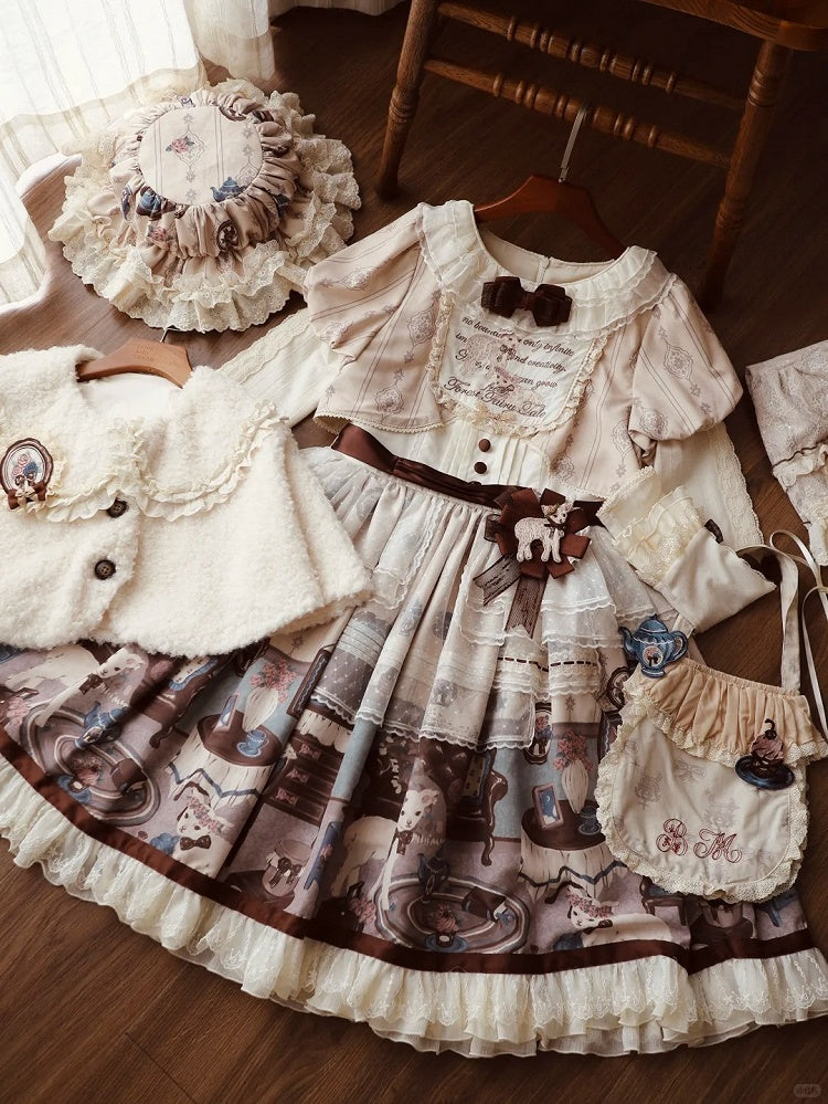 Trims Beige with Dress Brown Lolita Round Print Home Sheep's Sweet Neck Lace