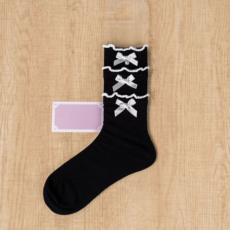 Accents Ruffles Socks / with Pink Triple Layered Mid-Calf Black Bow White
