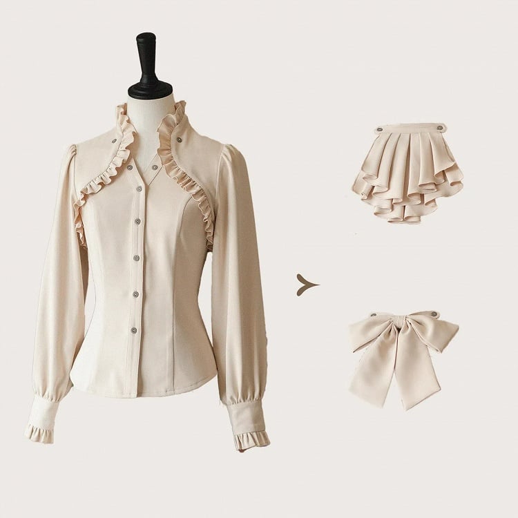 Elegantes Langarmhemd mit weißem Rüschenkragen und abnehmbarer Schleife/Jabot-Krawatte