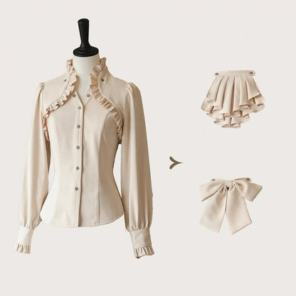 Apricot Ruffled Banded Collar Elegant Long Sleeeves Shirt with Detachable Bow/Jabot Tie