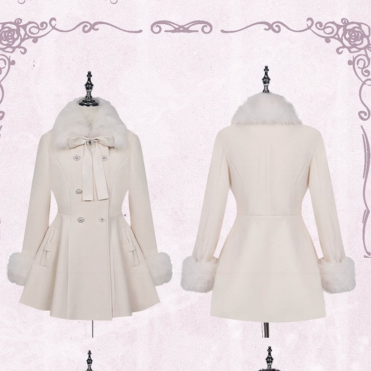Apricot Coat Jirai Kei Big Bow Breasted with Double Detachable Fluffy Collar and Cuffs Rhinestone