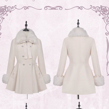 Apricot Coat Jirai Kei Big Bow Breasted with Double Detachable Fluffy Collar and Cuffs Rhinestone