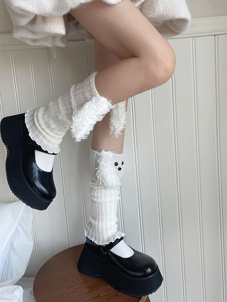 Leg Ribbed Warmers White Puppy Colors: Plush-Accented (4