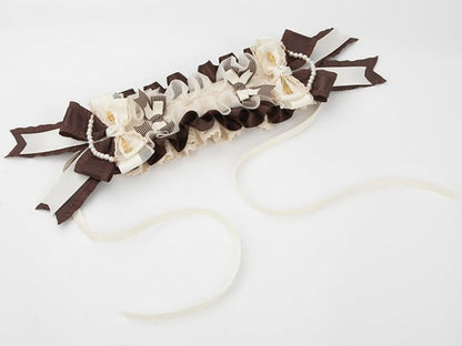 Lolita Brown Bead Sweet with White Ruffle Accents Bow Hairband and