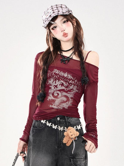 Set Red Sheer Off-Shoulder Sun Protection Top