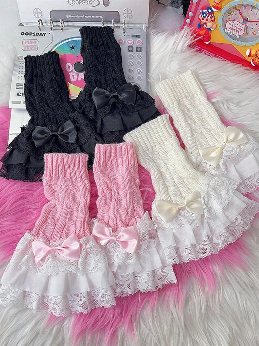 Rosa/Weiß/Schwarz Spitzenbesatz Schleife Gestrickte Abgesetzte Ärmel