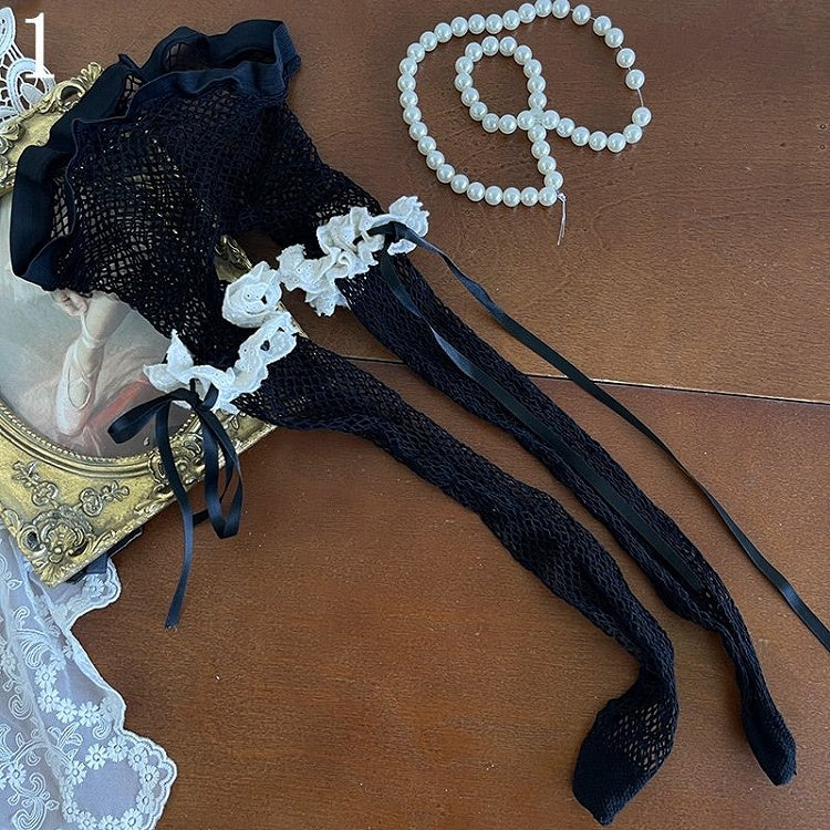 Bowknot Fishnet Loop Design Cut-out Tights/White Ruffle Lace Warmers/Black Black Leg