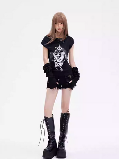 Print Glamorous Knitted Gothic Black Angel Top with Detachable Sleeves