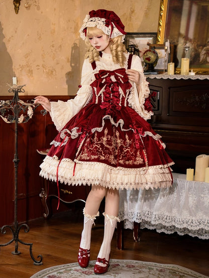 / Dress Red Lolita Decoration JSK Bows Velvet Embroidery Candle