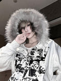 Jacket Faux Gray Trim - Hood Print Zip-up Y2K Hooded Decoration Fur Light
