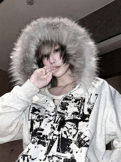 Jacket Faux Gray Trim - Hood Print Zip-up Y2K Hooded Decoration Fur Light