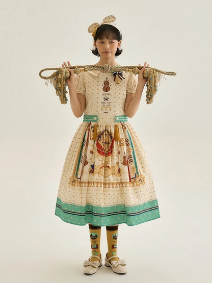 Long White Musical Print Peter Pan Collar OP Dress with Tassels - Crucis Universal Tailor Company