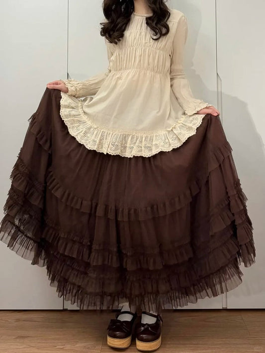 Multi-Layer Hem Ruffled Brown Skirt Lolita Elegant Loose Tulle