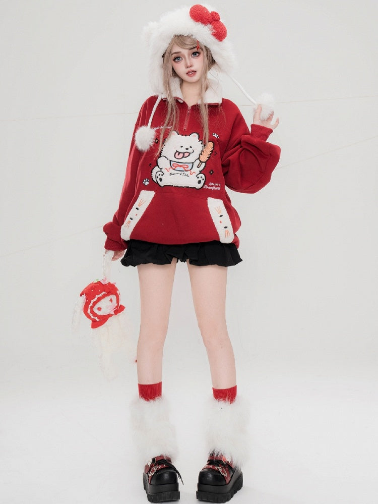 Red/Blue/Yellow Cute Plush Puppy Applique Polo Collar Sweatshirt