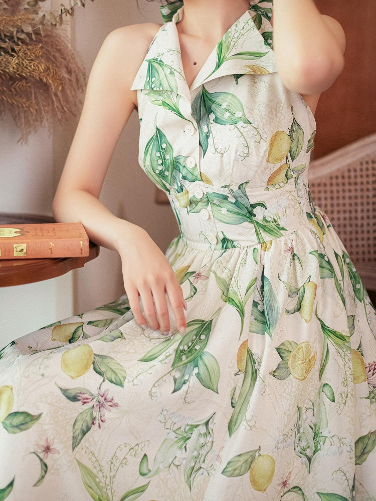 Lemon Neck Print Fashion Halter Bow Big Green Dress Retro Backless Back