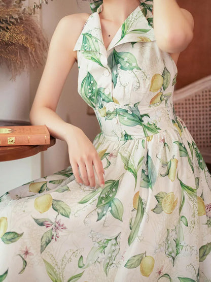 Neck Big Neckholder Fashion Backless Bow Lemon Green Retro Print Back Dress