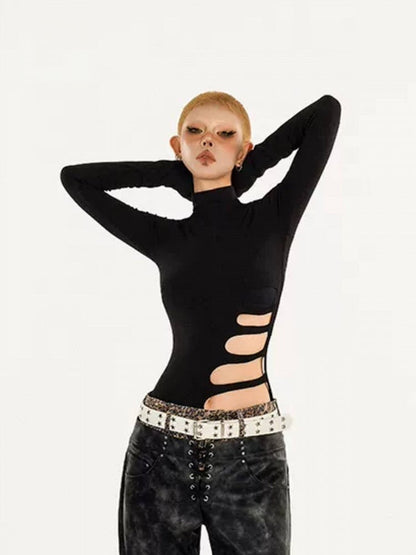 Cut-Out Design Black High Neck Minimalist Long Sleeve Top
