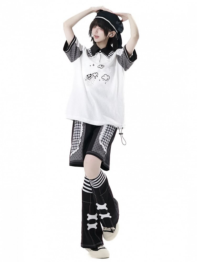 Layered T-shirt Waffle Polo Collar Print Panda Double Graffiti White
