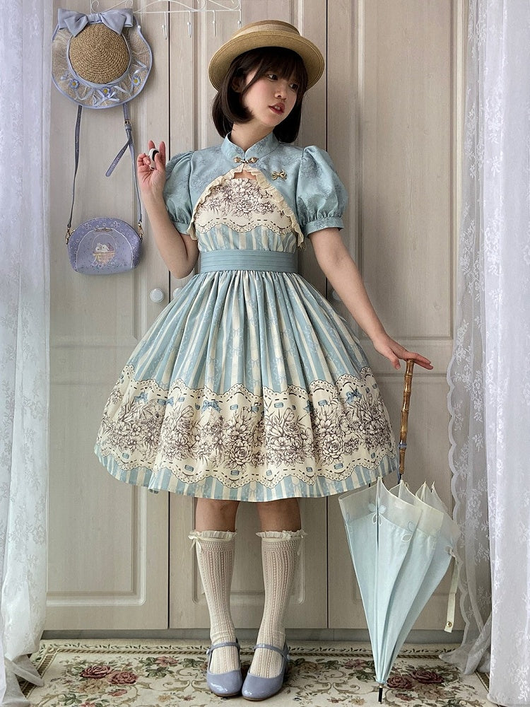 Clock Print and Short Blue Version Lolita Classic Floral Skirt Jumper