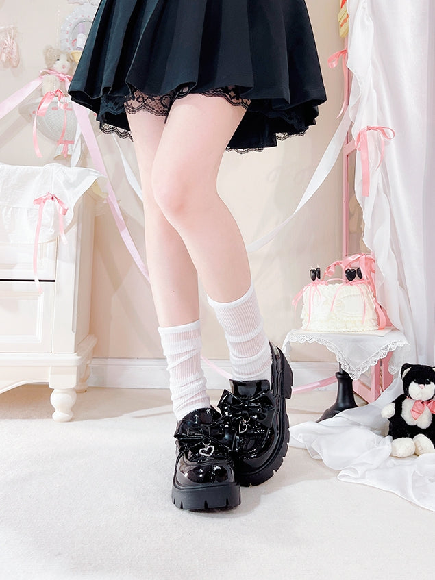Heart Design Polished - Platform Black with Rhinestone Bow Slip-On Kei Charm Jirai Loafers