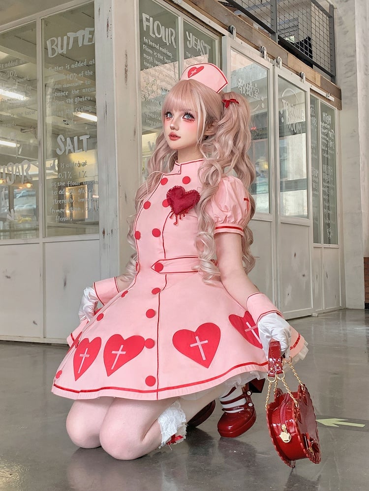 Sleeves Puff Dress Cross Nurse Heart Patches Lolita Pink