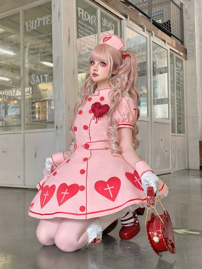 Ärmel Puffkleid Kreuz Krankenschwester Herz Patches Lolita Pink