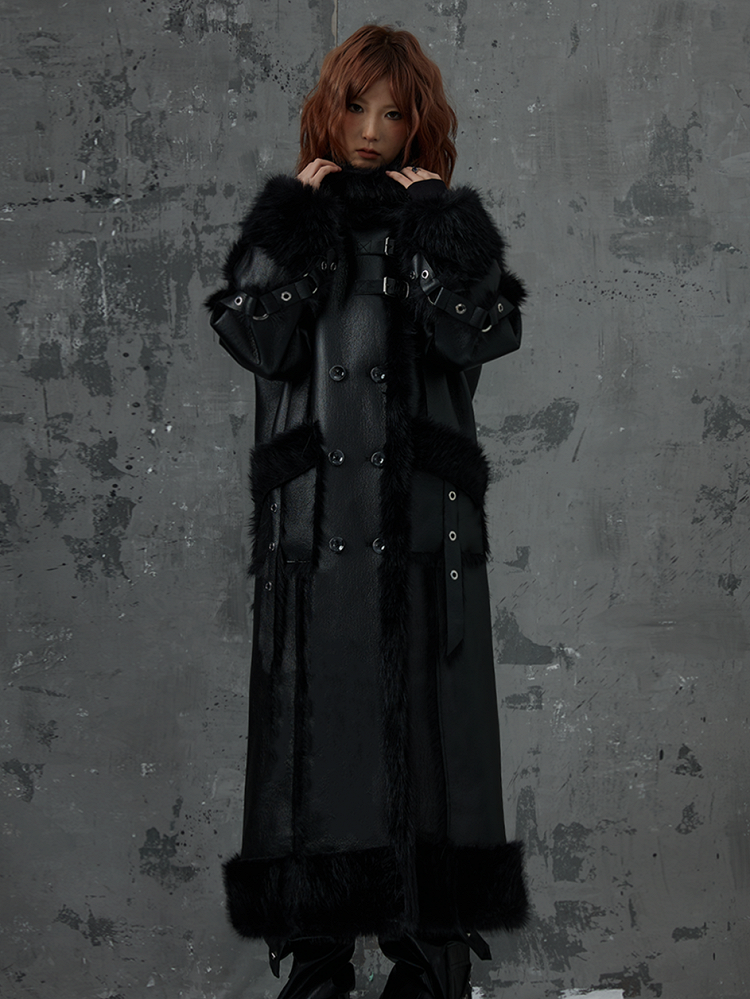 Buckles Metal Accents Fur Black Punk Coat Leather With Faux